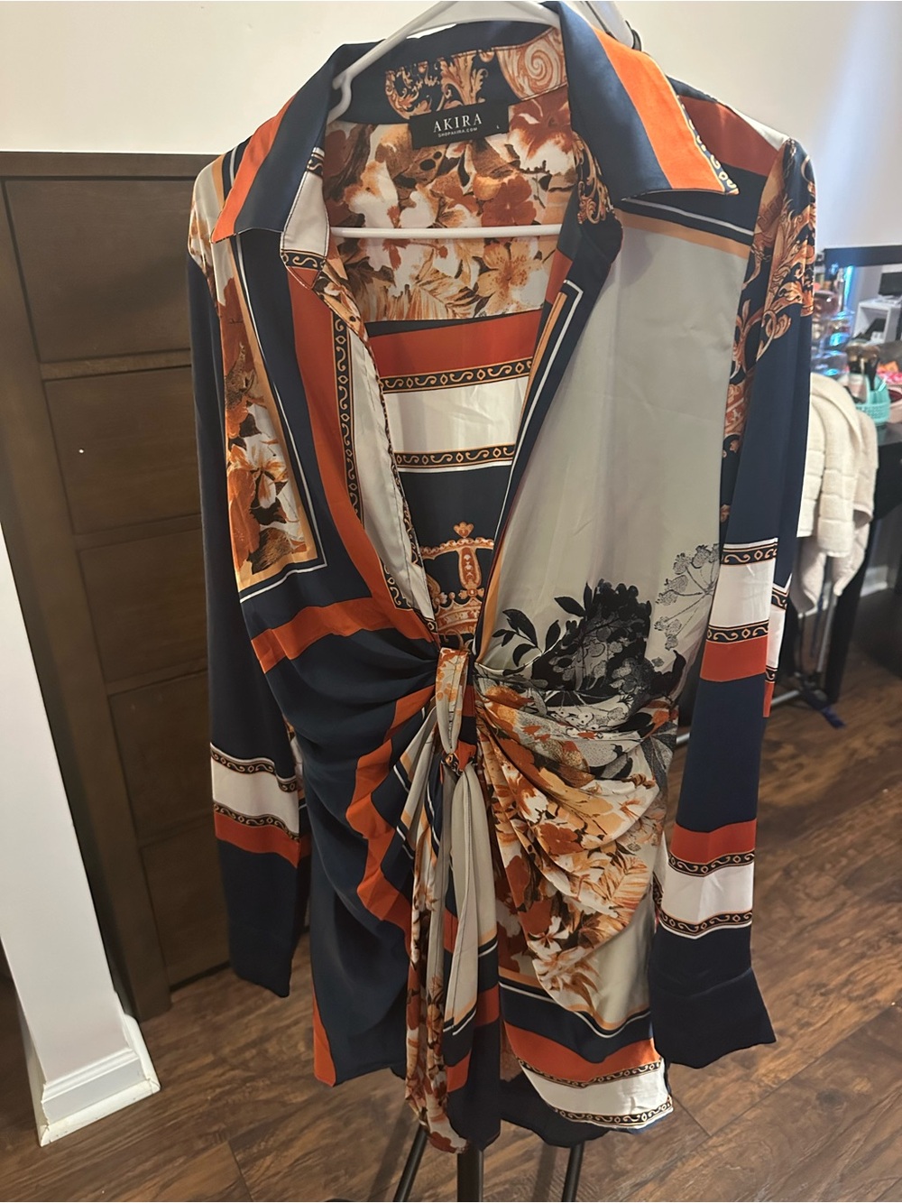 AKIRA Navy, Rust & Cream Printed Tie-Front Long Sleeve Dress